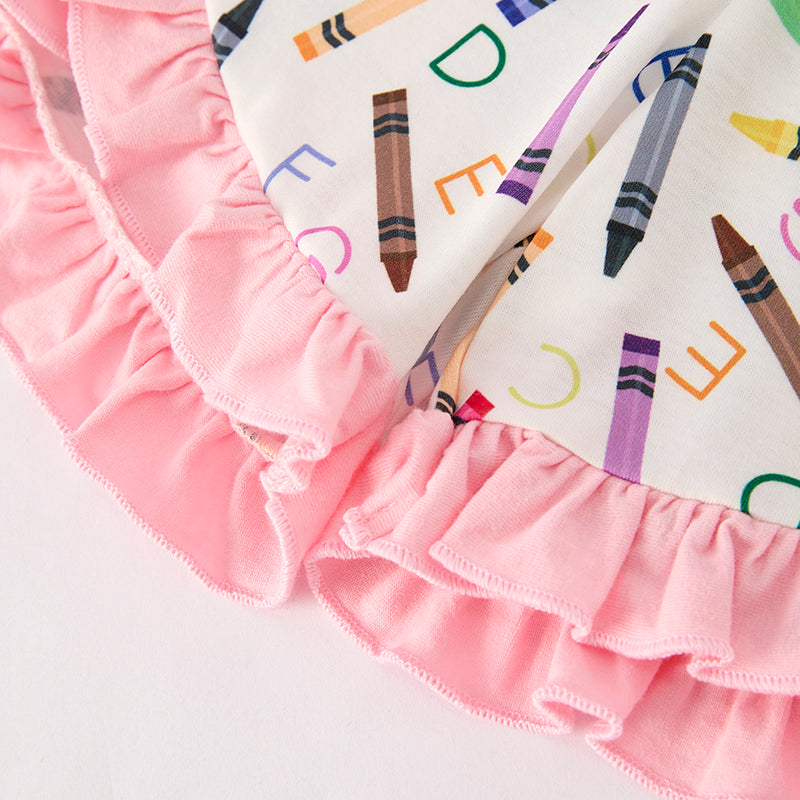 (In Stock)Girls Summer Back To School Crayon Embroidery Smocked Shorts Set