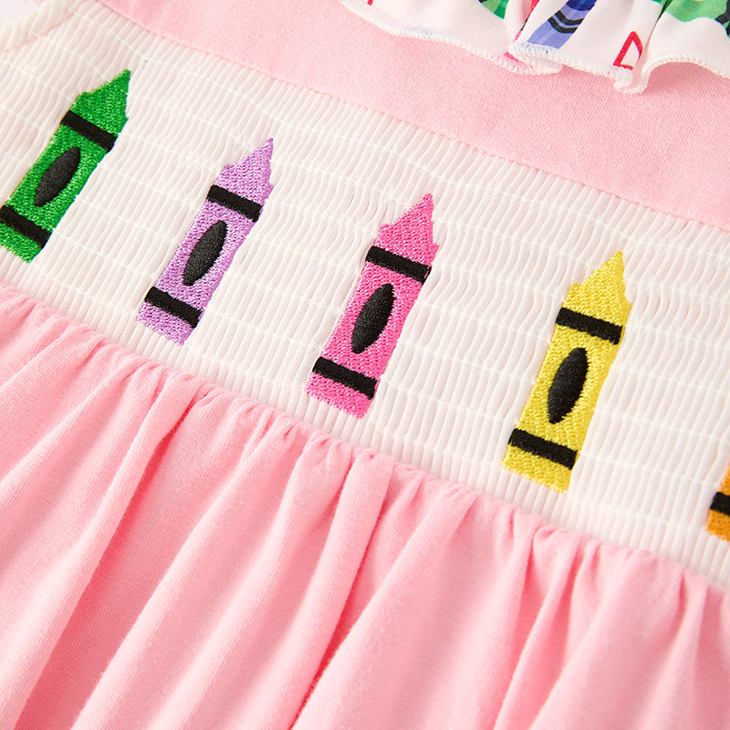 (In Stock)Girls Summer Back To School Crayon Embroidery Smocked Dress