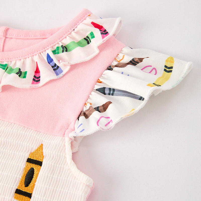 (In Stock)Girls Summer Back To School Crayon Embroidery Smocked Dress