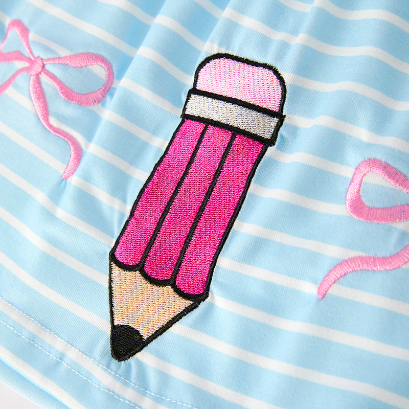 (In Stock)Girls Summer Back To School Pencil Embroidery Shorts Set