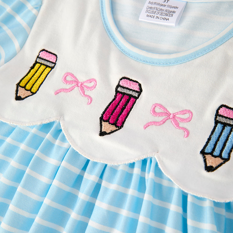 (In Stock)Girls Summer Back To School Pencil Embroidery Outfit Set