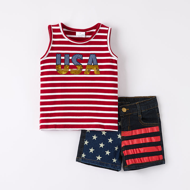 (In Stock)Girls Patriotic Sequin Applique Cotton Top Denim Shorts Set