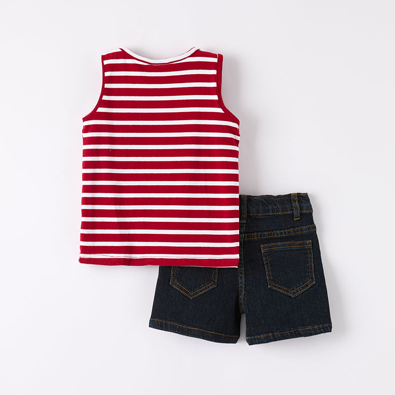 (In Stock)Girls Patriotic Sequin Applique Cotton Top Denim Shorts Set