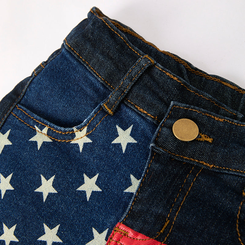 (In Stock)Girls Patriotic Sequin Applique Cotton Top Denim Shorts Set