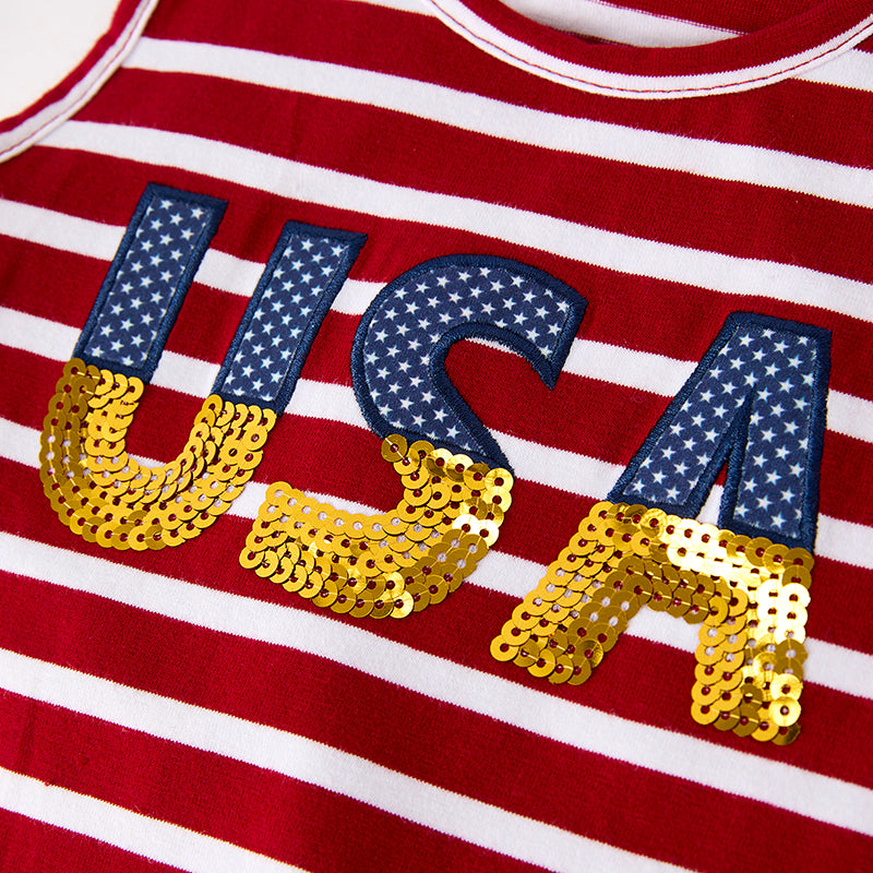 (In Stock)Girls Patriotic Sequin Applique Cotton Top Denim Shorts Set