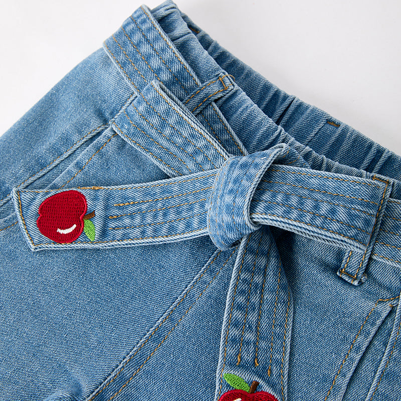 (In Stock)Girls Summer Back To School Apple Embroidery Denim Shorts Set
