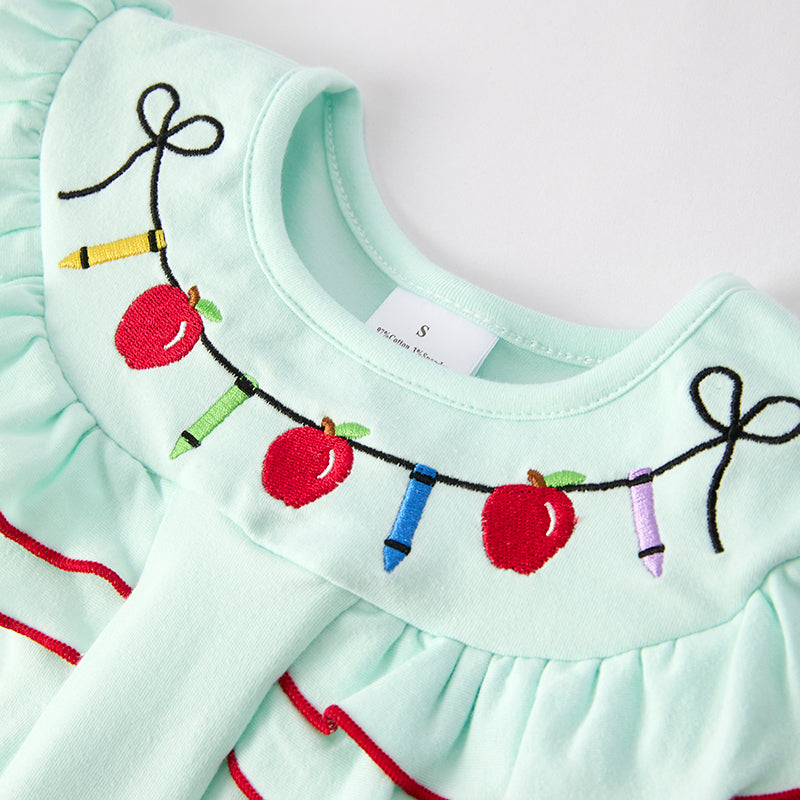 (In Stock)Girls Summer Back To School Apple Embroidery Denim Shorts Set