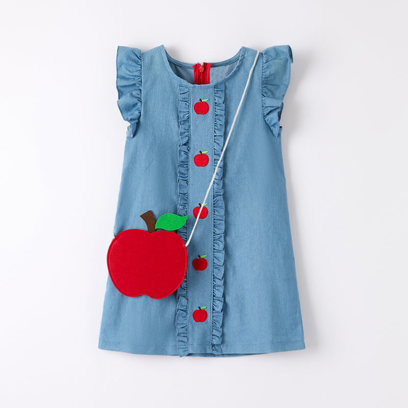 (In Stock)Girls Summer Back To School Apple Embroidery Dress with Bag