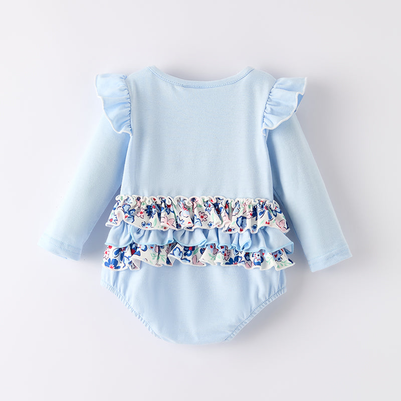 (In Stock)Toddler Girls Fall Chick Applique Baby Blue Romper