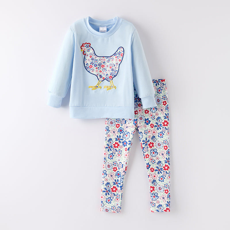(In Stock)Girls Fall Chick Applique Baby Blue Outfit Set