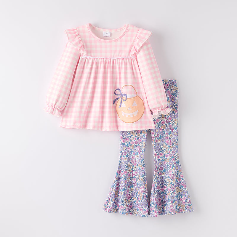 (In Stock)Girls Halloween Pumpkin Applique Outfit Set