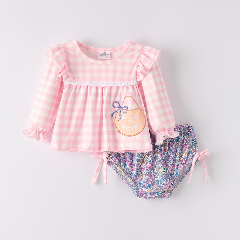 (In Stock)Toddler Girls Halloween Pumpkin Applique Bloomer Set