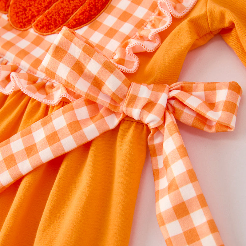 (Restock)Girls Halloween&Thanksgiving Pumpkin Chenille Patches Dress