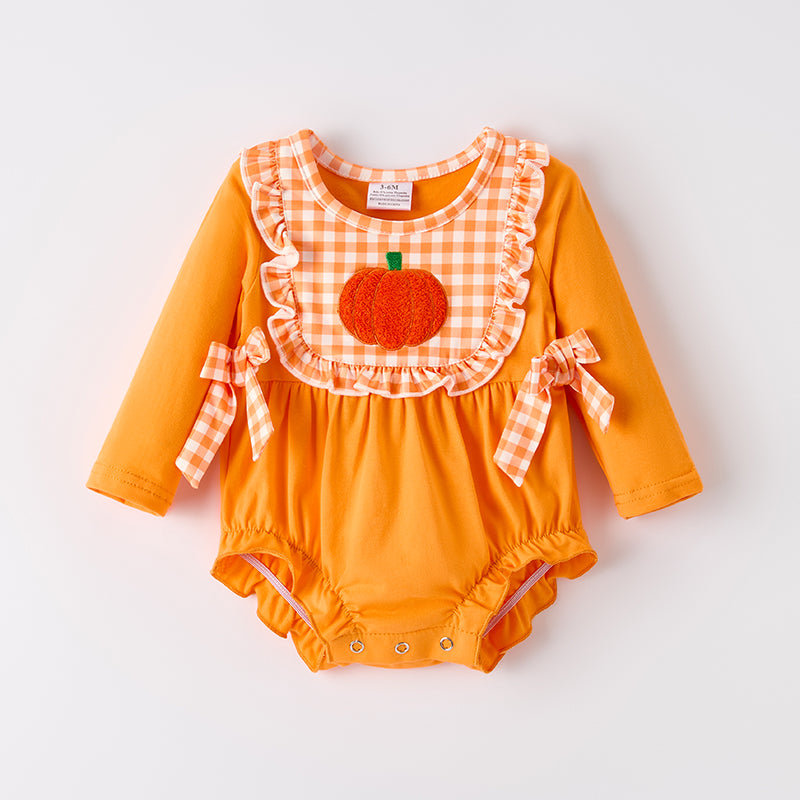 (In Srock)Toddler Girls Halloween&Thanksgiving Pumpkin Chenille Patches Romper