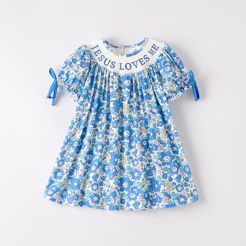 (In Stock)Girls Summer JESUS LOVES ME Embroidery Smocked Dress