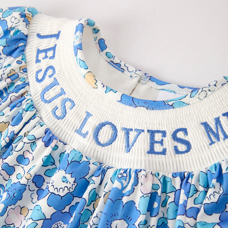 (In Stock)Girls Summer JESUS LOVES ME Embroidery Smocked Dress