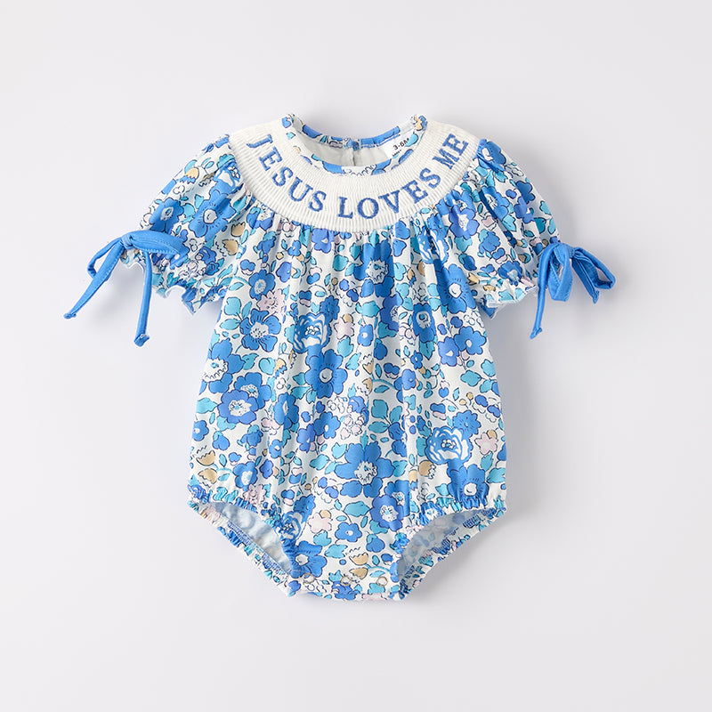 (In Stock)Toddler Girls Summer JESUS LOVES ME Embroidery Smocked Romper