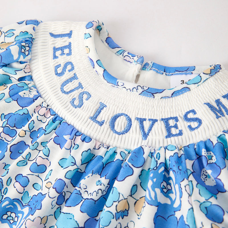 (In Stock)Toddler Girls Summer JESUS LOVES ME Embroidery Smocked Romper