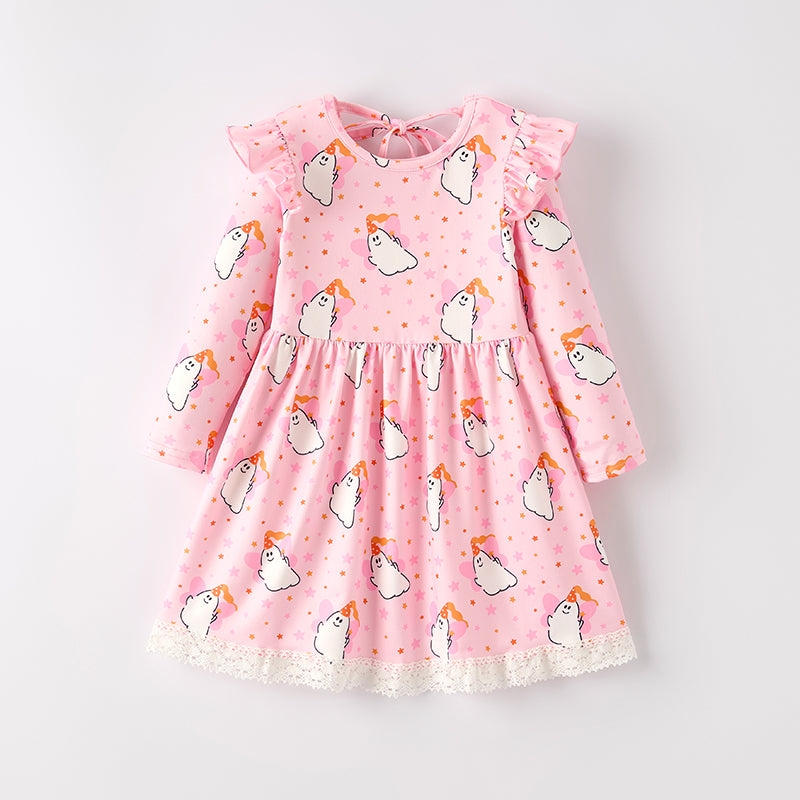 (In Stock)Girls Halloween Ghost Print Pink Dress