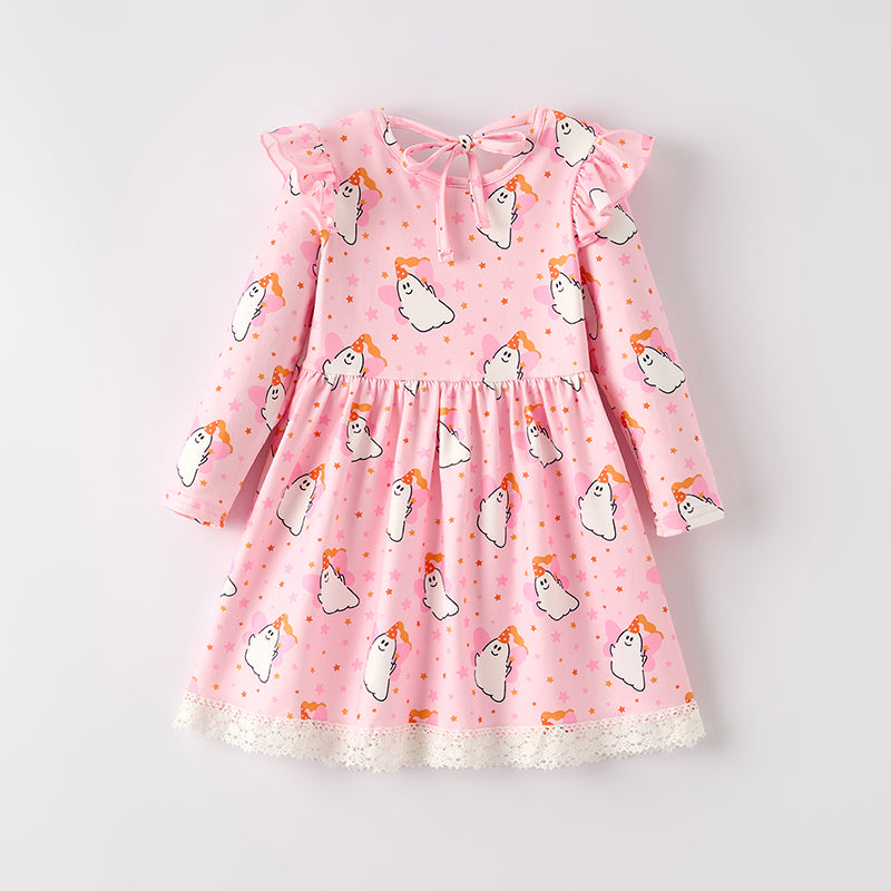 (In Stock)Girls Halloween Ghost Print Pink Dress