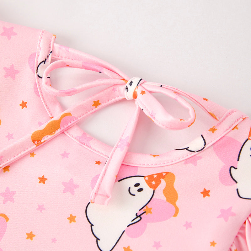 (In Stock)Girls Halloween Ghost Print Pink Dress