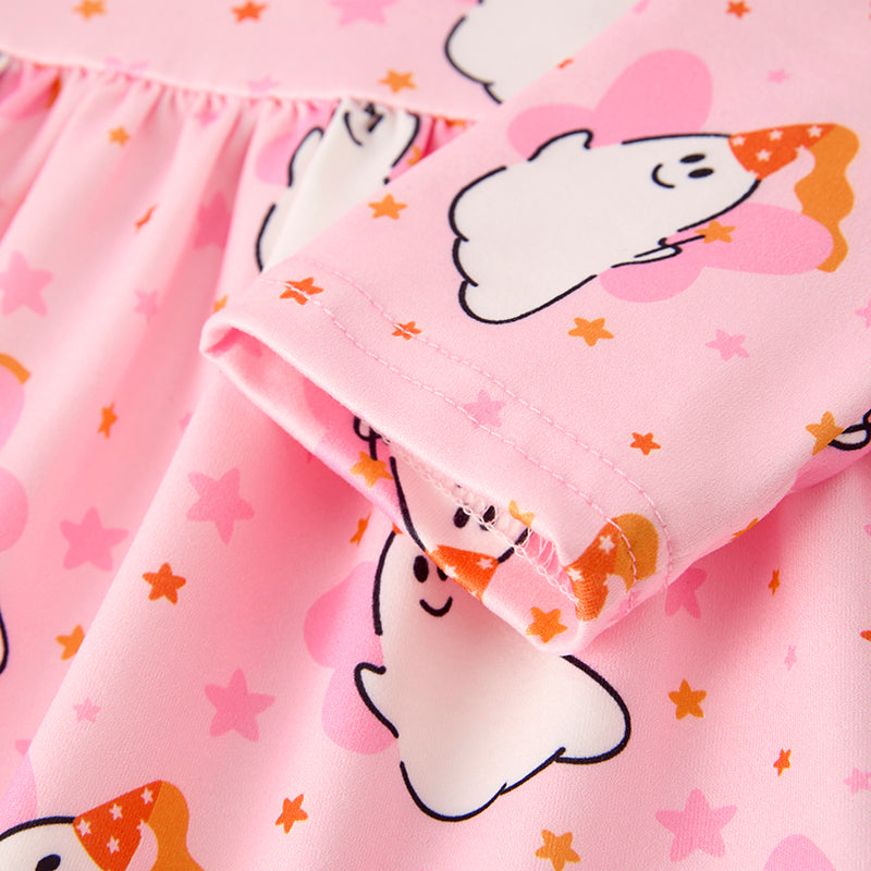 (In Stock)Girls Halloween Ghost Print Pink Dress