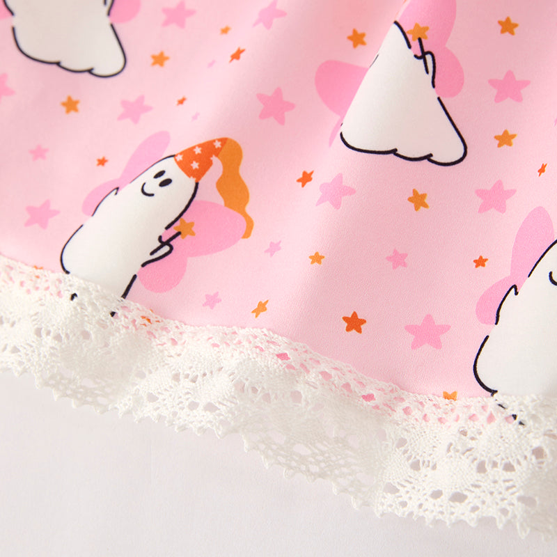 (In Stock)Girls Halloween Ghost Print Pink Dress
