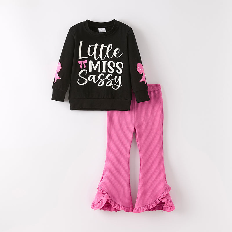 (Restock)Girls Fall Little Miss Sassy Print Bow Applique Outfit Set