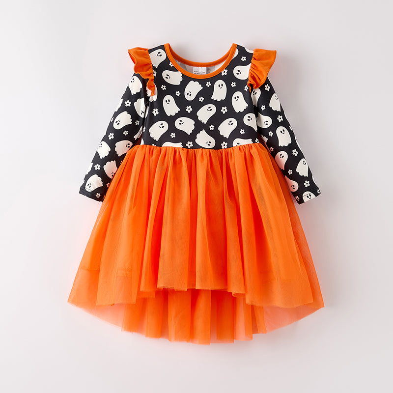 (In Stock)Girls Halloween Ghost Print Tulle Dress