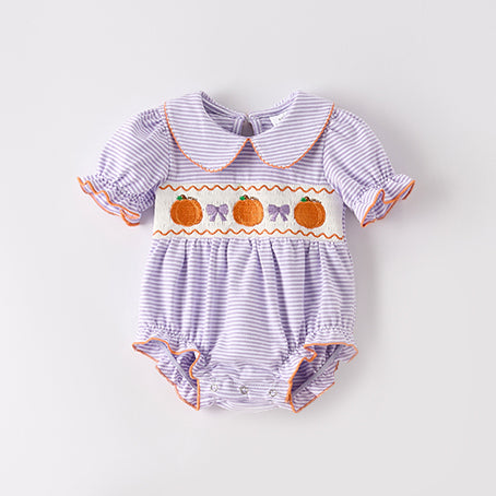 (In Stock)Toddler Girls Halloween&Thanksgiving Pumpkin Embroidery Smocked Cotton Romper