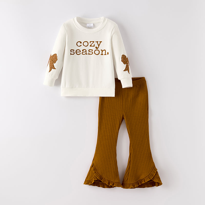 (In Stock)Girls Fall Cozy Season Print Bow Applique Outfit Set