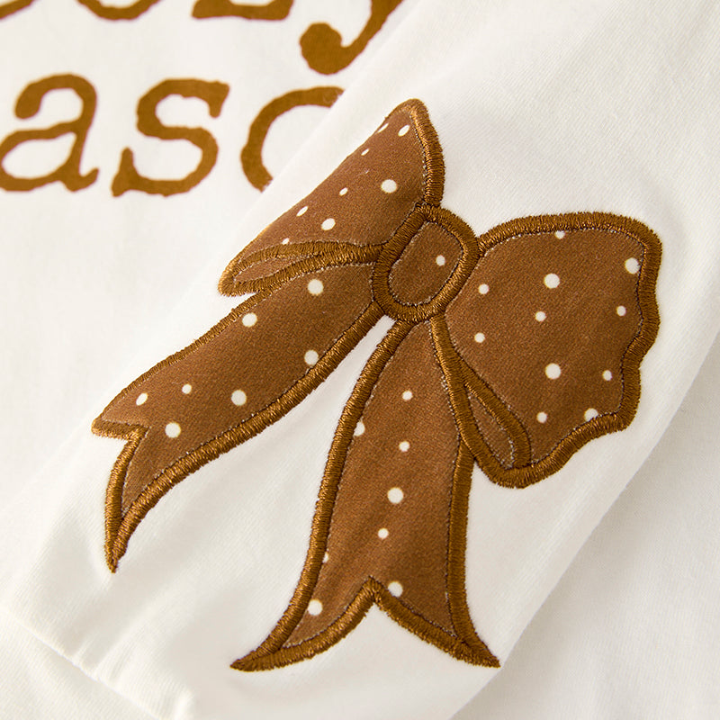 (In Stock)Girls Fall Cozy Season Print Bow Applique Outfit Set