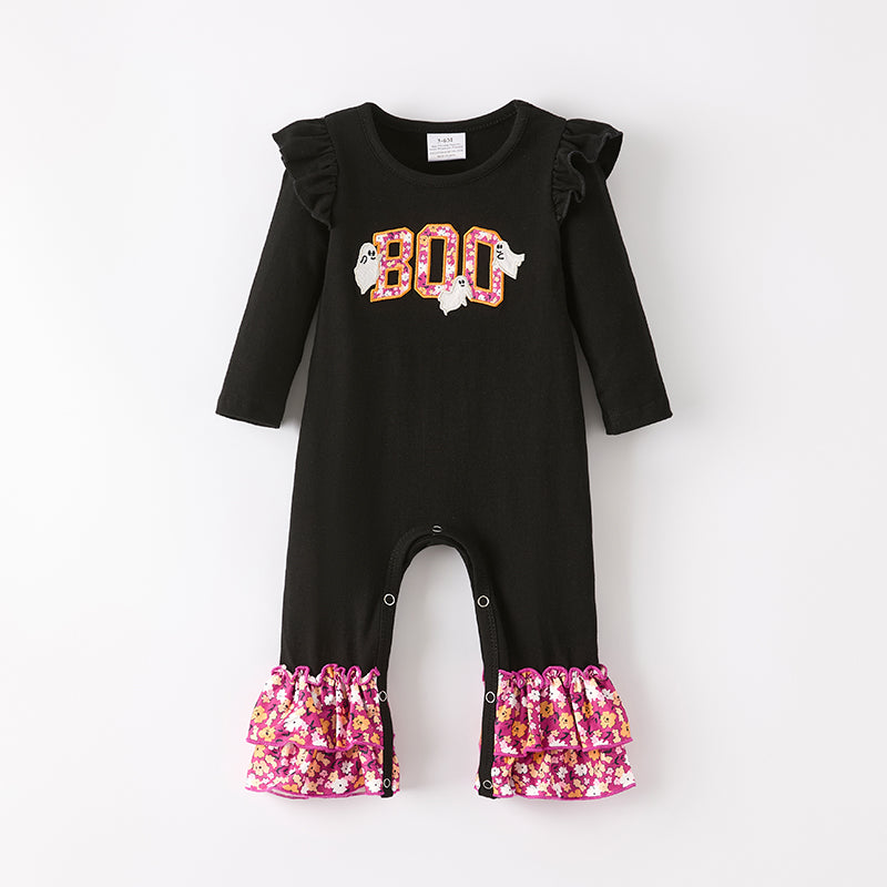 (In Stock)Toddler Girls Halloween BOO Applique Cotton Romper