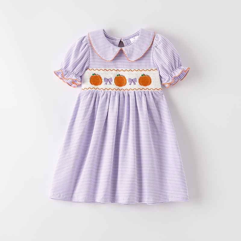 (In Stock)Girls Halloween&Thanksgiving Pumpkin Embroidery Smocked Cotton Dress