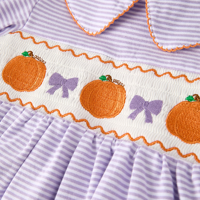 (In Stock)Girls Halloween&Thanksgiving Pumpkin Embroidery Smocked Cotton Dress
