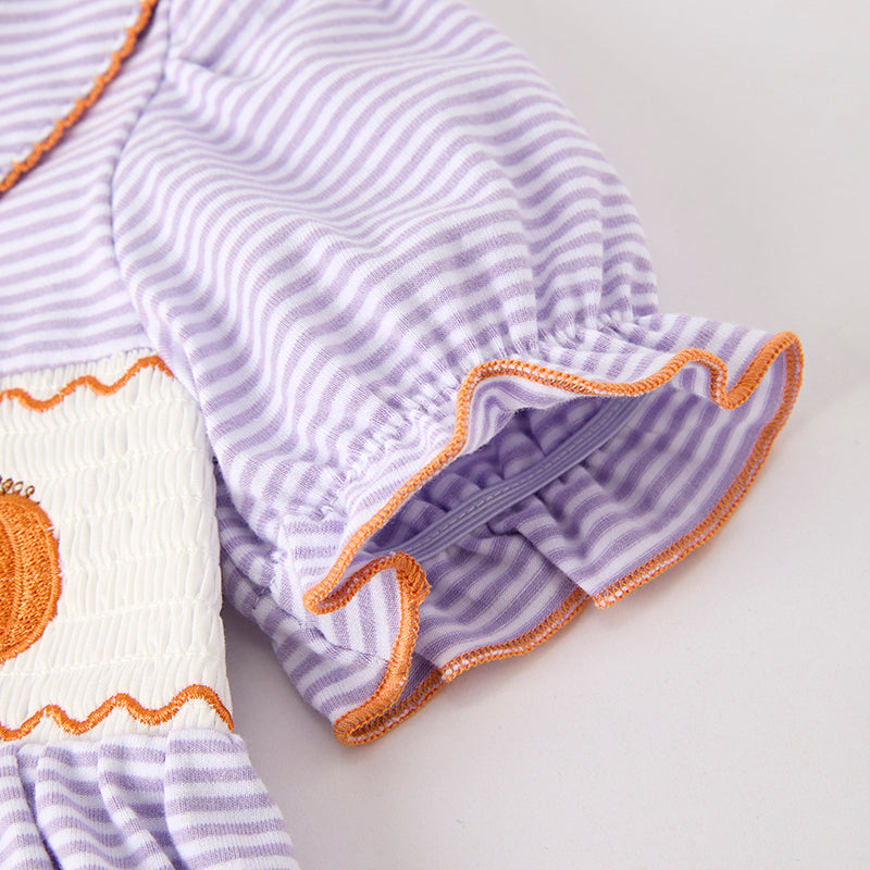 (In Stock)Girls Halloween&Thanksgiving Pumpkin Embroidery Smocked Cotton Dress