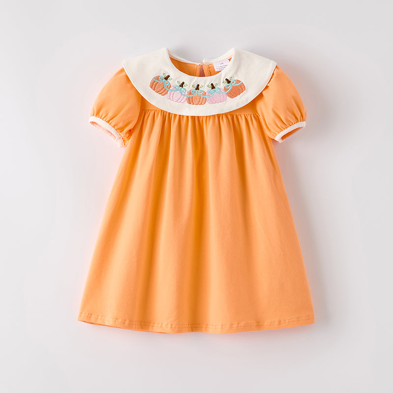 (In Stock)Girls Halloween&Thanksgiving Pumpkin Embroidery Dress