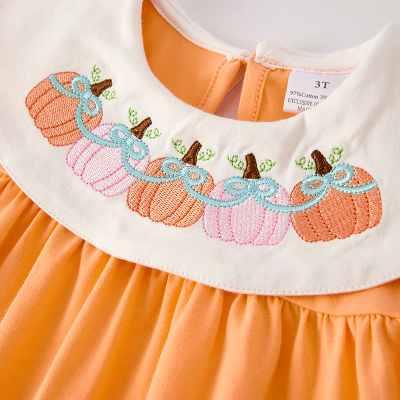 (In Stock)Girls Halloween&Thanksgiving Pumpkin Embroidery Dress