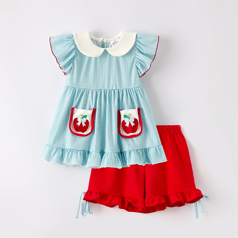 (In Stock)Girls Summer Back To School Apple Embroidery Shorts Set