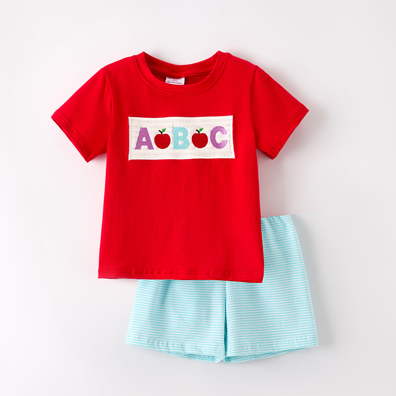 (In Stock)Boys Summer Back To School Embroidery Smocked Shorts Set