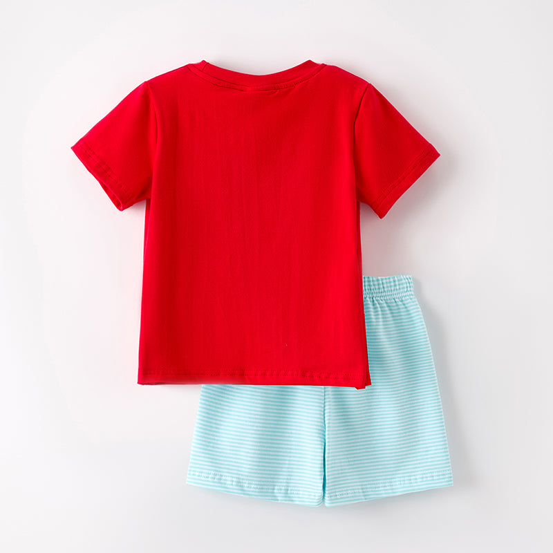 (In Stock)Boys Summer Back To School Embroidery Smocked Shorts Set