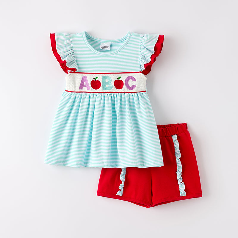 (In Stock)Girls Summer Back To School Embroidery Smocked Shorts Set