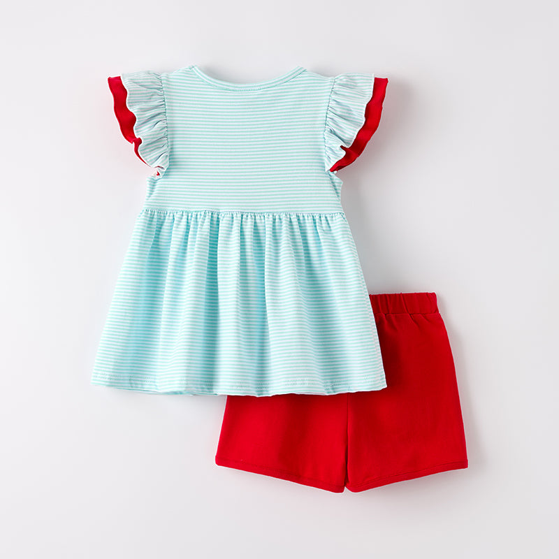(In Stock)Girls Summer Back To School Embroidery Smocked Shorts Set