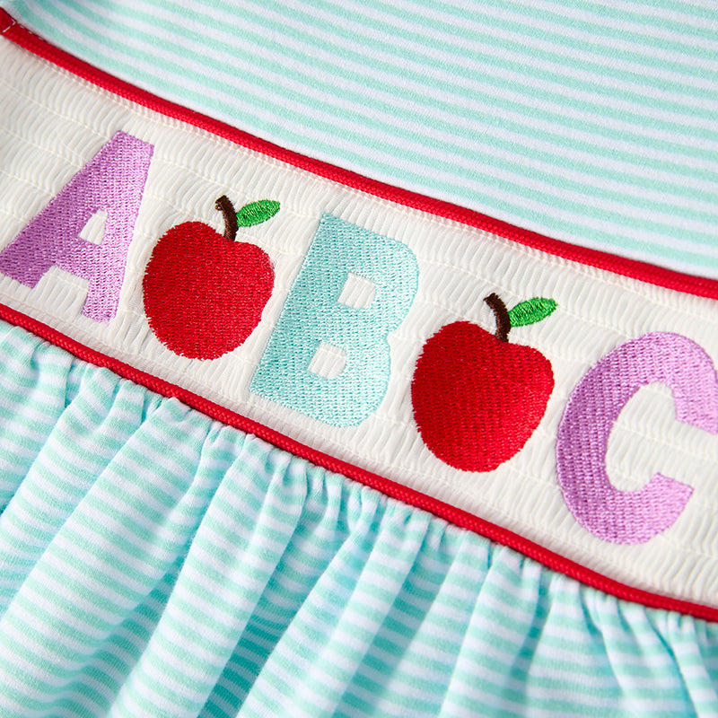 (In Stock)Girls Summer Back To School Embroidery Smocked Shorts Set