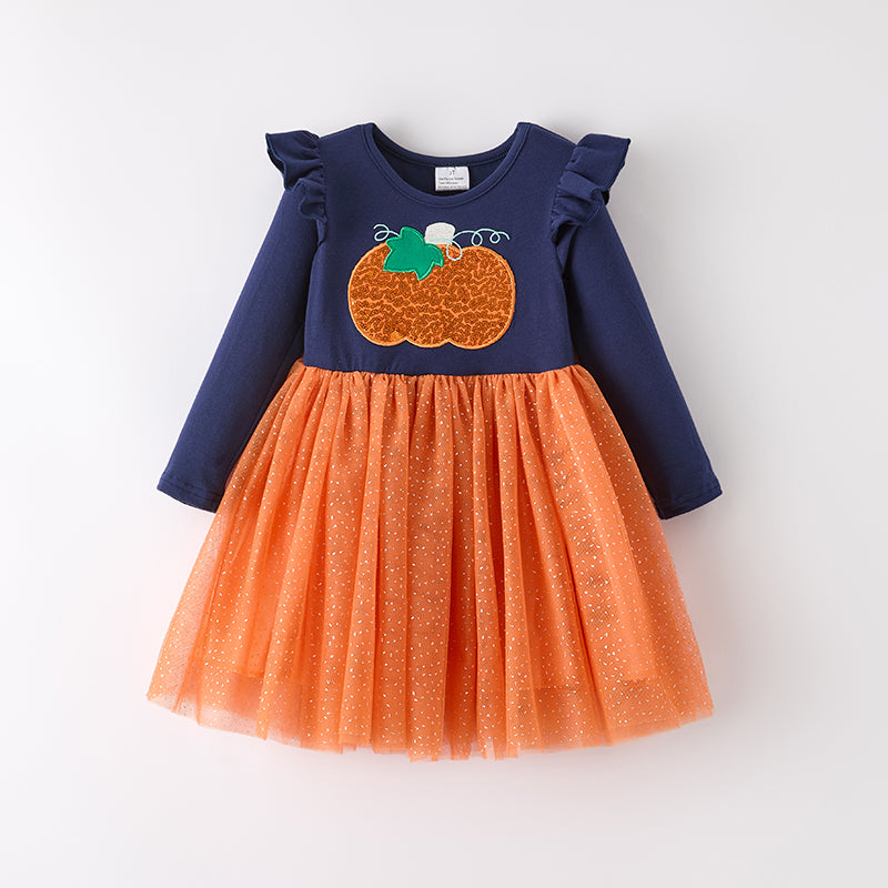 (In Stock)Girls Halloween&Thanksgiving Sequin Pumpkin Applique Tulle Dress