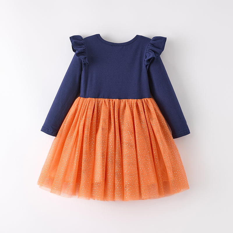 (In Stock)Girls Halloween&Thanksgiving Sequin Pumpkin Applique Tulle Dress