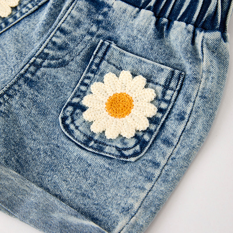 (In Stock)Girls Summer Halter Top Daisy Embroidery Denim Set