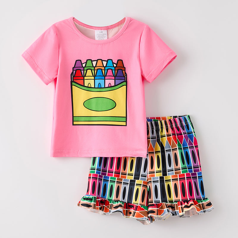 (In Stock)Girls Summer Back To School Print Shorts Set