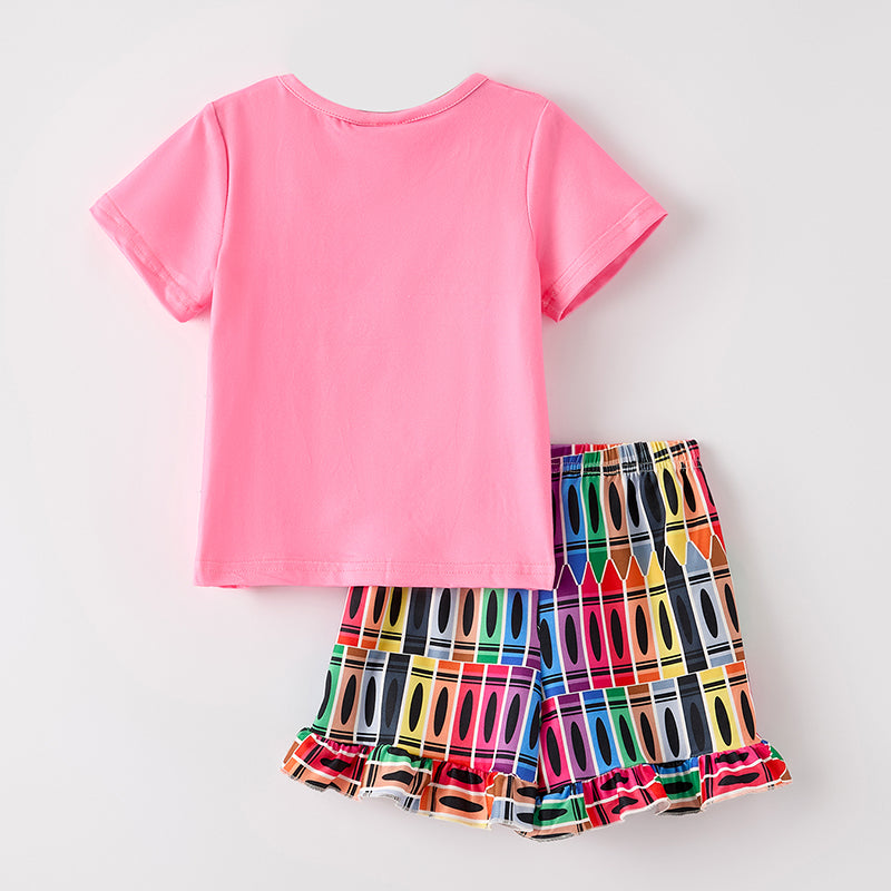 (In Stock)Girls Summer Back To School Print Shorts Set