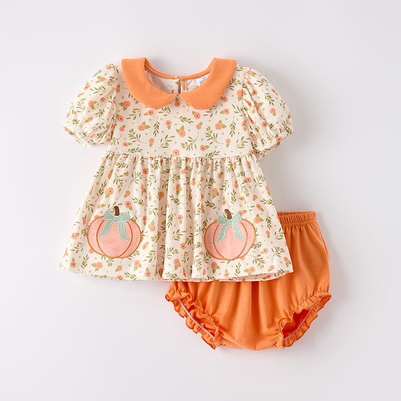 (In Stock)Toddler Girls Halloween&Thanksgiving Pumpkin Applique Bloomer Set